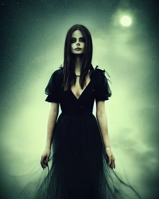 Prompt: style of mikko lagerstedt, artgerm : : gorgeous willa holland : : evil witch, swirling black magic, black dress : : symmetrical face, symmetrical eyes : : full body pose : : gorgeous black hair : : magic lighting, low spacial lighting : :