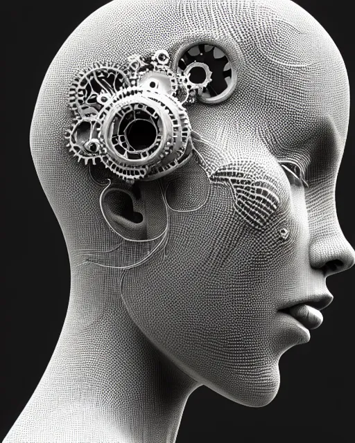 Image similar to mythical black and white organic bio-mechanical spinal ribbed profile face portrait detail of mechanical beautiful female angelic-vegetal-cyborg, highly detailed, intricate steampunk ornate, poetic, 3D render, digital art, octane render, 8K artistic photography, photo-realistic, by Dora Maar