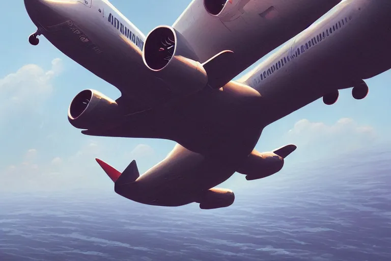 Image similar to detailed intricate digital illustration by greg rutkowski and artgerm and wlop and sanford robinson gifford ; commercial air liner with hole in fuselage, wind, everything flying around, falling ; 1 3 mm film, arri alfa anamorphic lens, fisheye wide angle ; sharp focus ; trending on artstation 8 k