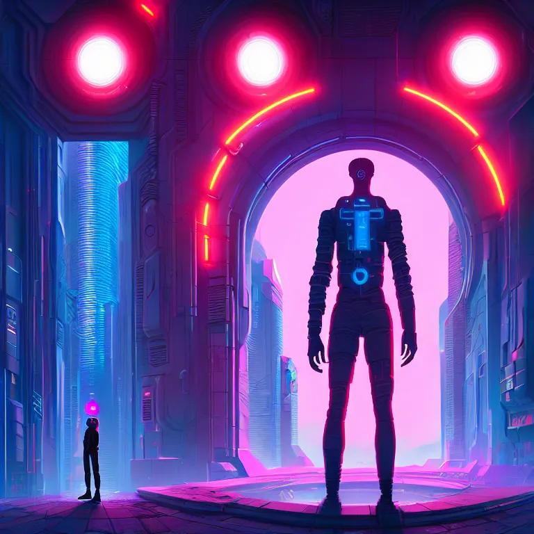 Prompt: a person standing in front of a portal, cyberpunk, epic surrealism, detailed digital matte painting in the style of josan gonzalez, artstation, psychedelic
