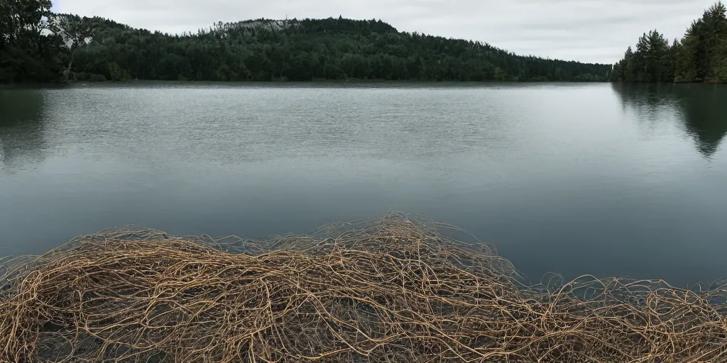 Prompt: centered photograph of a single thick long rope zig zagging winding across the surface of the water into the distance, floating submerged rope stretching out towards the center of the lake, a dark lake on a cloudy day, color film, a gravel shore in foreground and trees in the background, hyper - detailed photo, anamorphic lens