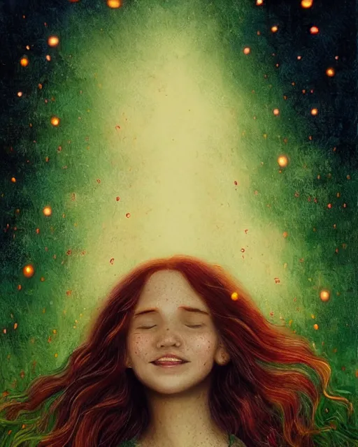 Prompt: infp girl, smiling, amazed by the lights of golden fireflies, amidst nature fully covered, long loose red hair, intricate linework, dreamy green eyes, small nose with freckles, oval shape face, realistic, expressive emotions, dramatic lights, spiritual scene, hyper realistic ultrafine art by battistello caracciolo, albert bierstadt and artgerm