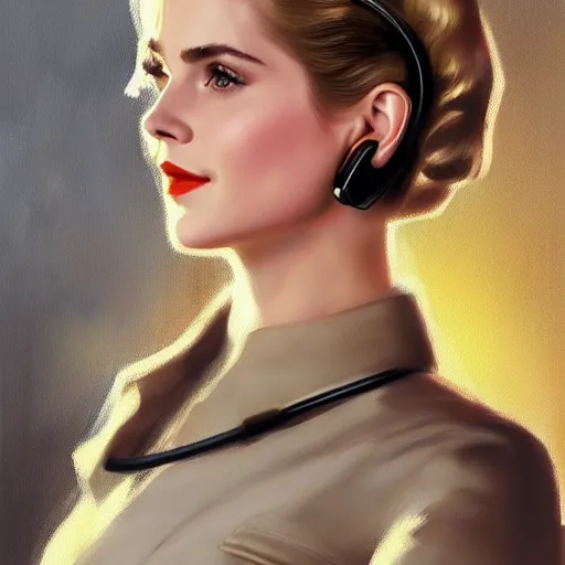 Image similar to A combination of Grace Kelly's and Emma Watson's and Ashley Greene's appearances with blonde hair wearing Power armor and a headset, full body portrait, western, D&D, fantasy, intricate, elegant, highly detailed, digital painting, artstation, concept art, matte, sharp focus, illustration, art by Donato Giancola and James Gurney