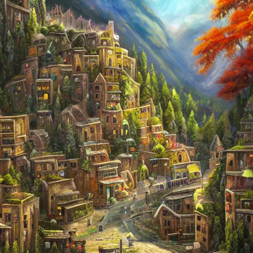 Image similar to fantasy stream punk dense city built into the side of a large mountain. houses and shops line the switchback roads along the mountain side. high quality, realistic oil painting