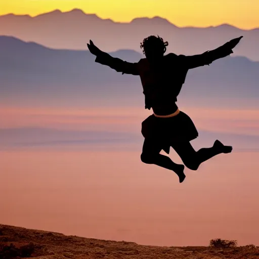 Image similar to cinematic still of silhouette of man in Biblical clothing jumping for joy, beautiful middle eastern landscape with sunrise behind, Biblical epic movie directed by Steven Spielberg