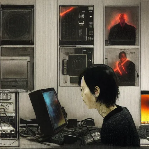 Image similar to portrait of lain iwakura connected to a room full of cables computers and displays by ruan jia and joao ruas. atmospheric