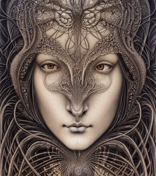 Image similar to detailed realistic beautiful coyote goddess face portrait by jean delville, gustave dore, iris van herpen and marco mazzoni, art forms of nature by ernst haeckel, art nouveau, symbolist, visionary, gothic, neo - gothic, pre - raphaelite, fractal lace, intricate alien botanicals, ai biodiversity, surreality, hyperdetailed ultrasharp octane render