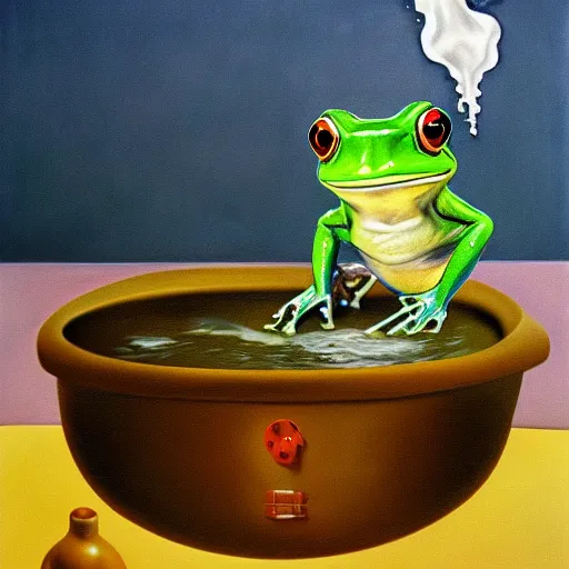 Image similar to a frog in a boiling pot of water, surrealist, absurdist painting