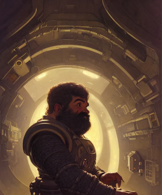 Image similar to Dwarven Man in spacecraft loading bay, portrait, face, smiling, dark hair, dark skin, sci-fi, intricate, elegant, highly detailed, digital painting, artstation, concept art, smooth, sharp focus, illustration, art by artgerm and greg rutkowski and alphonse mucha