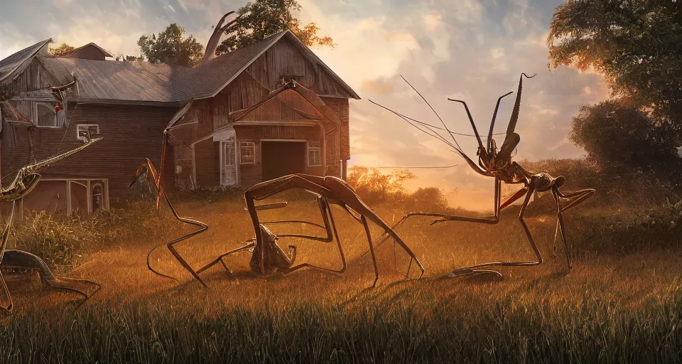 Image similar to giant praying mantis crushes a farm house, hyperdetailed, artstation, cgsociety, golden hour 8k