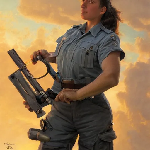 Prompt: epic portrait a slightly muscular woman wearing short sleeved uniform and carrying a powertool, detailed, centered, digital painting, artstation, concept art, donato giancola, Joseph Christian Leyendecker, WLOP, Boris Vallejo, Breathtaking, 8k resolution, extremely detailed, beautiful, establishing shot, artistic, hyperrealistic, beautiful face, octane render