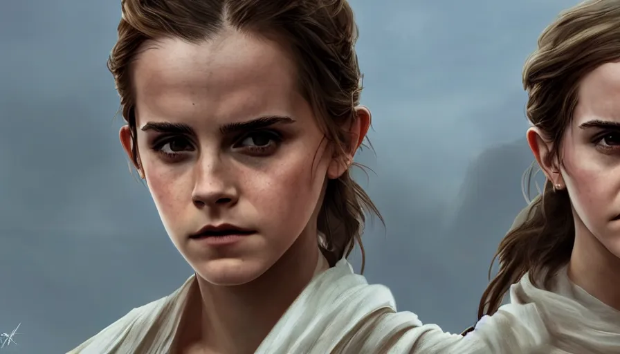 Prompt: Emma Watson is Rey Skywalker, hyperdetailed, artstation, cgsociety, 8k