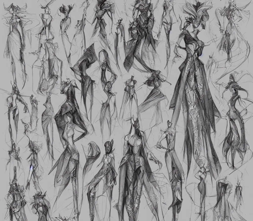 Prompt: many sketches of fashion designs, on a notebook page, pencil, by Peter Mohrbacher technical drawing