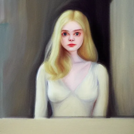 Prompt: Painting of Elle Fanning in Star Wars, long blonde hair, delicate, pale milky white porcelain skin, by Edward Hopper. 8K. Extremely detailed.