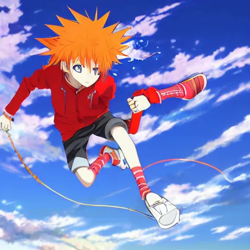 Image similar to orange - haired anime boy, 1 7 - year - old anime boy with wild spiky hair, wearing red jacket, flying through sky, ultra - high jump, late evening, blue hour, cirrus clouds, pearly sky, ultra - realistic, sharp details, subsurface scattering, blue sunshine, intricate details, hd anime, 2 0 1 9 anime