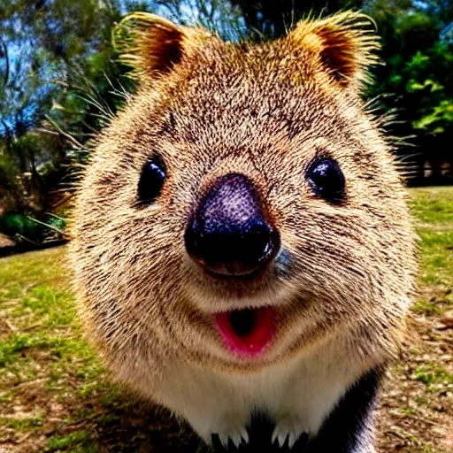 Image similar to quokka taking a selfie, golden hour, realistic