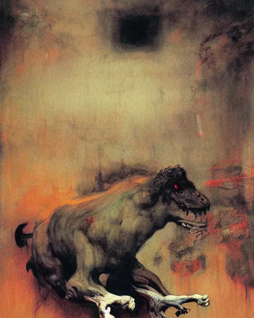 Prompt: a Francis Bacon Painting of a large beast walking the countryside and eating a person, Beksinski painting, part by Francisco Goya and Gerhard Richter. art by James Jean, Francis Bacon masterpiece