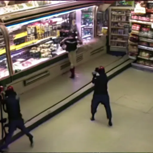 Image similar to cctv footage of a lightsaber fight inside a deli, security cam footage