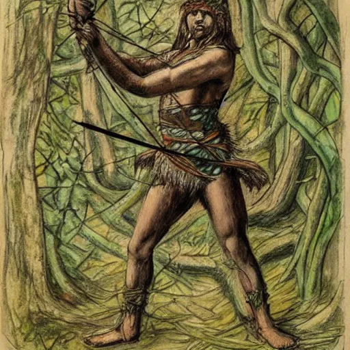 Image similar to a ancient hunter creeping through woods filled with large trees and vines, holding a bow and arrow, wearing animal skin clothing, in the style of guy denning