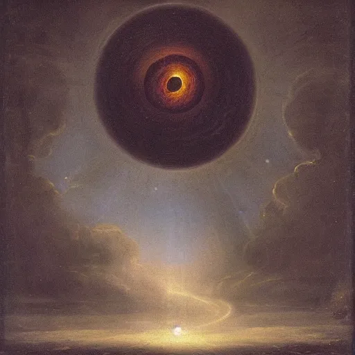 Image similar to by jacob van ruisdael funereal. a beautiful land art of a black hole consuming a star.