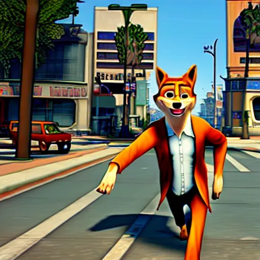 Image similar to Screenshot from the original Grand Theft Auto III featuring Nick Wilde (from Zootopia)