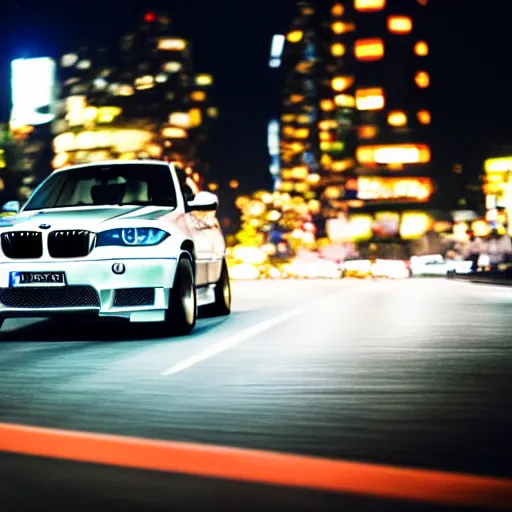 Prompt: photo of a bmw x 5 2 0 0 3 at night driving fast through a city, cinematic, 4 k, long exposure photography, tokyo drift, fast and furious, kodak portra 4 0 0