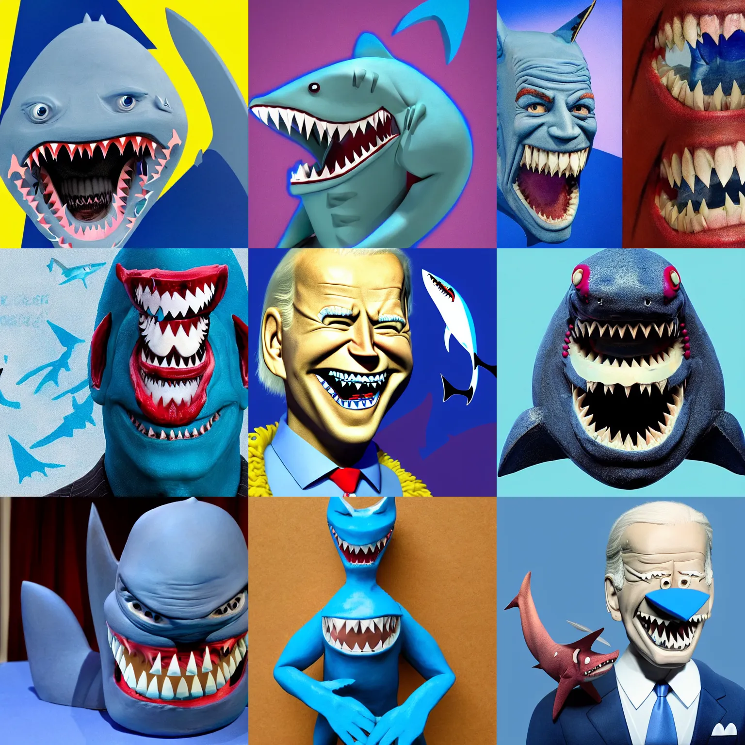 Prompt: joe biden nightmare fuel, shark man, shark fin, sharp teeth, big smile, blue skin, ( ( claymation ) ), iridescent accents, by simon stalenberg