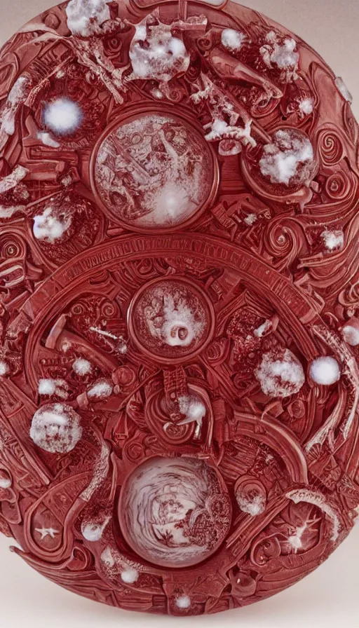 Prompt: the war multiverse, highly detailed carving on southern ice porcelain, partially red crystallized, guns, red nebulas, art gallery