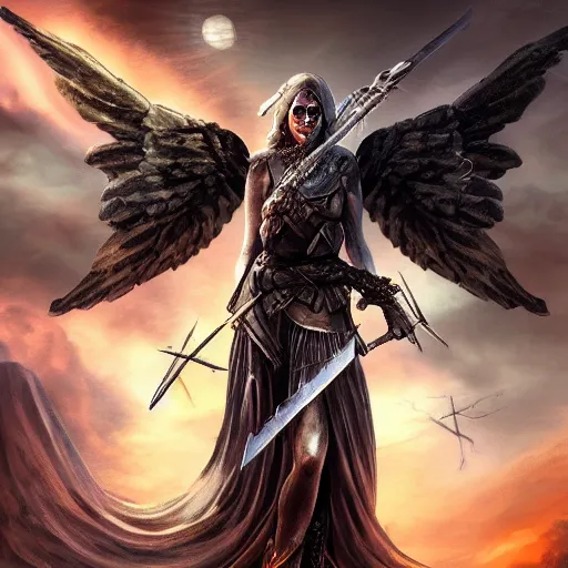 Prompt: detailed angel of death wielding broadsword above battle field of Armageddon, 4k ultra hd, dark fantasy art