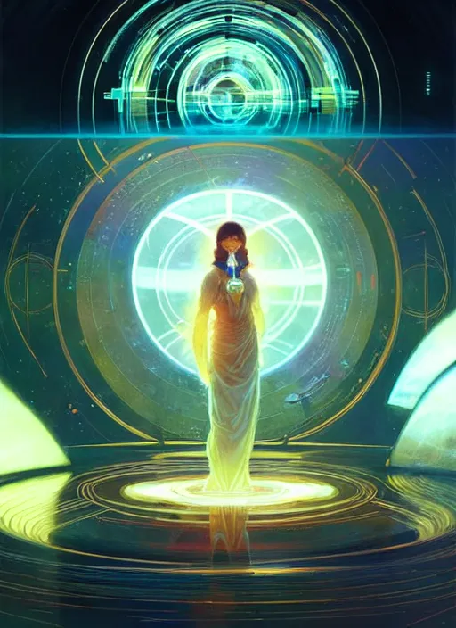 Image similar to high depth, collective civilization lightspeed, calm, healing, resting, life, glowing lights!!, published concept art, mixed medias, image overlays, sharp focus, thin glowing wires, winning illustration, art by greg rutkowski and alphonse mucha, singularity!!!, 3 6 0 projection