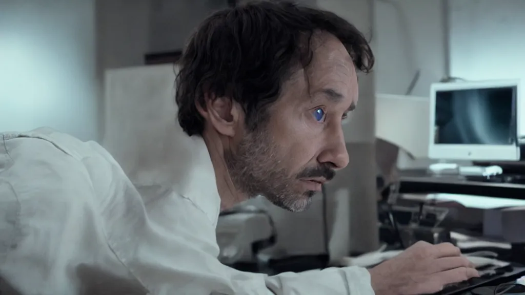 Prompt: man bleary eyed at a computer not able to sleep, film still from the movie directed by Denis Villeneuve with art direction by Salvador Dalí, wide lens