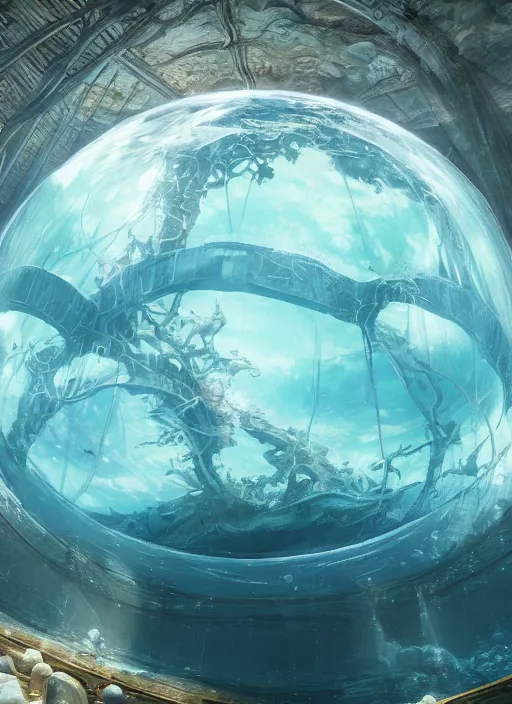 Prompt: masterpiece artwork of a underwater dome inside the ocean, au naturel, hyper detailed, digital art, trending in artstation, cinematic lighting, studio quality, smooth render, unreal engine 5 rendered, octane rendered, art style by klimt and nixeu and ian sprigger and wlop and krenz cushart