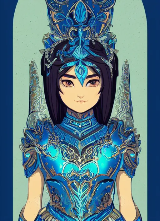 Prompt: a young woman in ornate, intricate blue full plate armor. the armor glows, bursting with light from the decoration. clean cel shaded vector art. shutterstock. behance hd by lois van baarle, artgerm, helen huang, by makoto shinkai and ilya kuvshinov, rossdraws, illustration, art by ilya kuvshinov