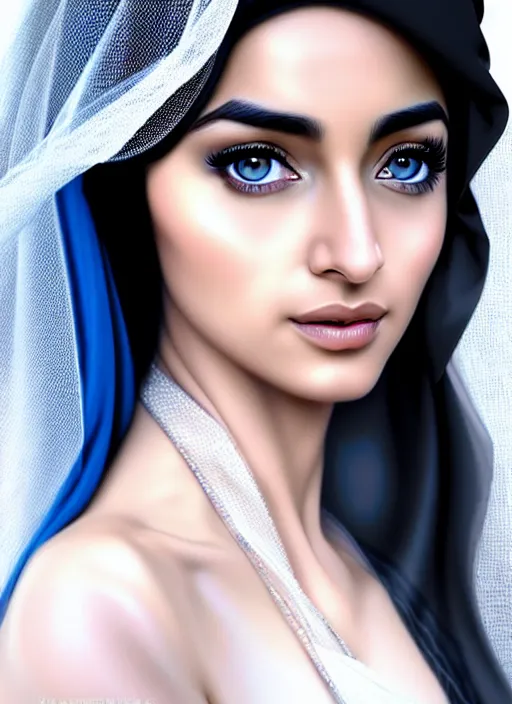 Prompt: arab ameera al taweel, blue eyes, long wavy black hair, white veil, in the style of stefan kostic, realistic, sharp focus, 8k high definition, insanely detailed, intricate, elegant, art by stanley lau and artgerm