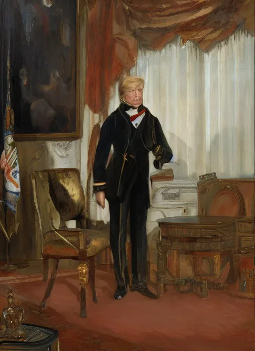 Image similar to portrait of the united states president, 1 8 6 7, donald trump. standing in the oval office. oil on canvas by william sidney mount, trending on artstation