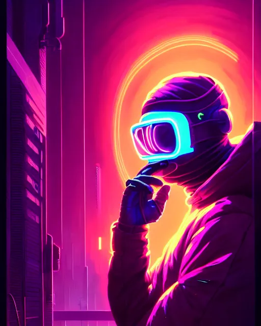 Prompt: cyberpunk synth, hyper - realistic detailed portrait of a man in a hoodie, with neon projection mask, digital painting, by atey ghailan, by greg rutkowski, by greg tocchini, by james gilleard, by joe fenton, by kaethe butcher, sharp focus