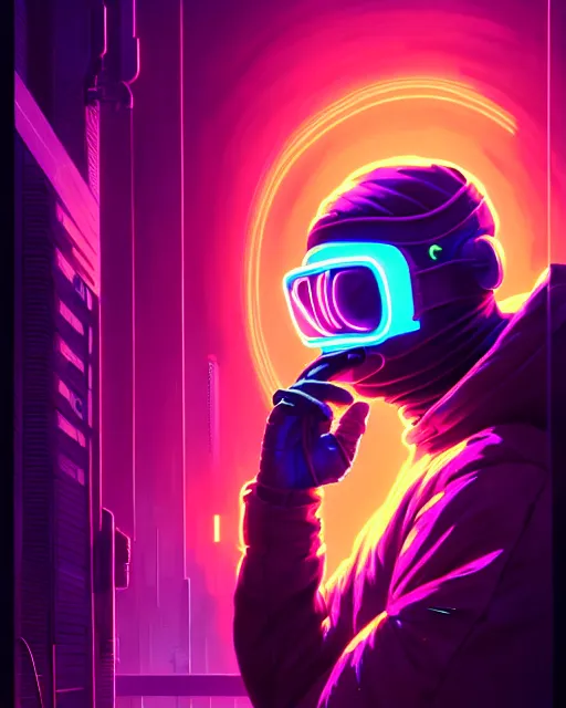 Image similar to cyberpunk synth, hyper - realistic detailed portrait of a man in a hoodie, with neon projection mask, digital painting, by atey ghailan, by greg rutkowski, by greg tocchini, by james gilleard, by joe fenton, by kaethe butcher, sharp focus