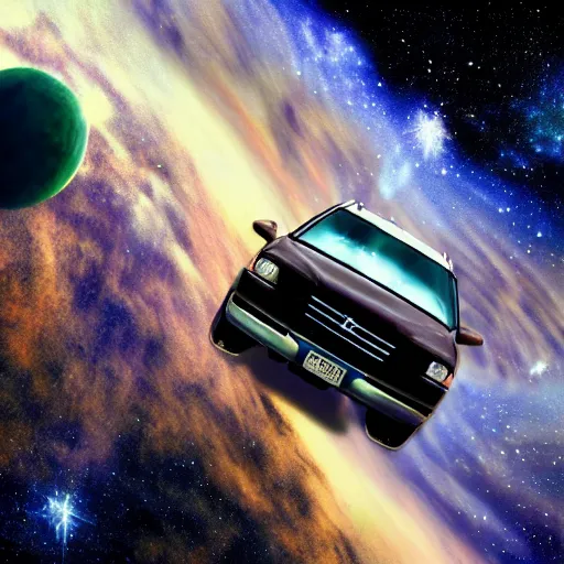 Image similar to a 2 0 0 3 mercury mountaineer flying through space, amazing detail, photorealistic, space photography,