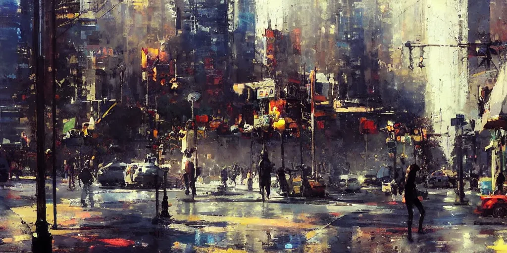 Prompt: street scene, summer time, sunlight, bright colorful, painting by jeremy mann