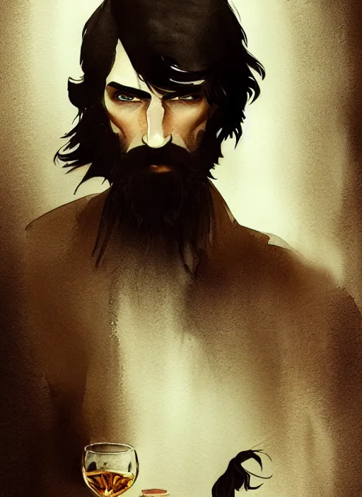 Image similar to portrait, a handsome skinny small Frenchman with beard and long black hair toasting with whiskey, watercolor, dramatic lighting, cinematic, establishing shot, extremely high detail, foto realistic, cinematic lighting, digital art, vector, by Yoshitaka Amano, Ruan Jia, Kentaro Miura, Artgerm, post processed, concept art, artstation, matte painting, style by eddie mendoza, raphael lacoste, alex ross