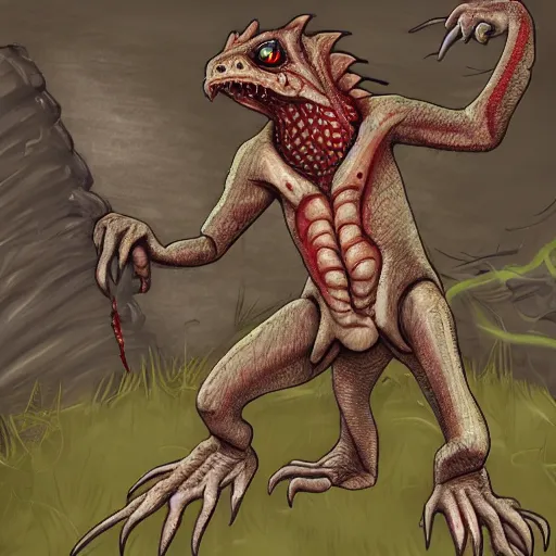 Prompt: big butcher anthropomorphic male lizardfolk posing scarily, scary angry pose, covered in blood, fresh kill, cleaver, in a cave, earie setting, lovecraft, eldritch, horror, hyperdetailed, furaffinity, anthro art