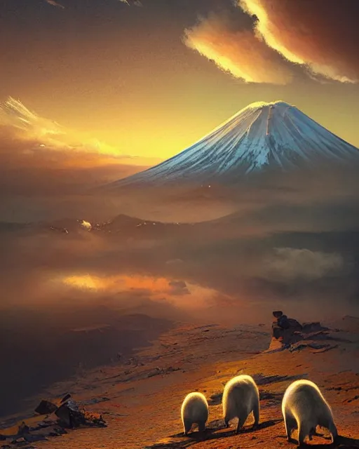 Prompt: white capybara at the peak of mt fuji, surreal photography, sunrise dramatic light, impressionist painting, colorful clouds, digital painting, artstation, kilian eng, john harris, bastien lecouffe - deharme, simon stalenhag, flower face