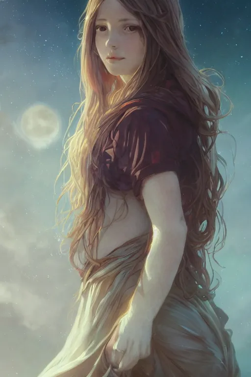 Image similar to fantasy, long hair, girl, portrait, cloud sky and moon night background, high detail, cinematic lighting, concept art, digital art, illustration, smooth, sharp focus, greg rutkowski, alphonse mucha, loish, wlop, trending on artstation, trending on deviantart