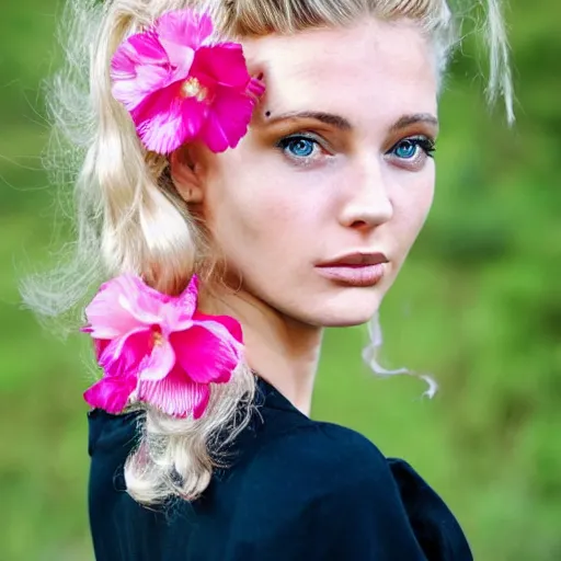 Prompt: vintage photograph of an olive skinned blonde female model in her twenties, her hair pinned up with a pink flower, wearing a designer top, looking content, focused on her neck, photo realistic, extreme detail skin, natural beauty, no filter, slr, golden hour, 8 k, high definition, selfie