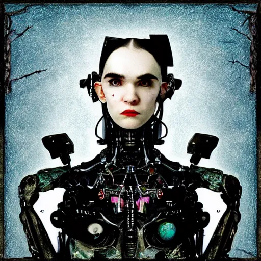 Image similar to album cover of Grimes as an evil robot cyborg character in a romantic pre-raphaelite style by dante