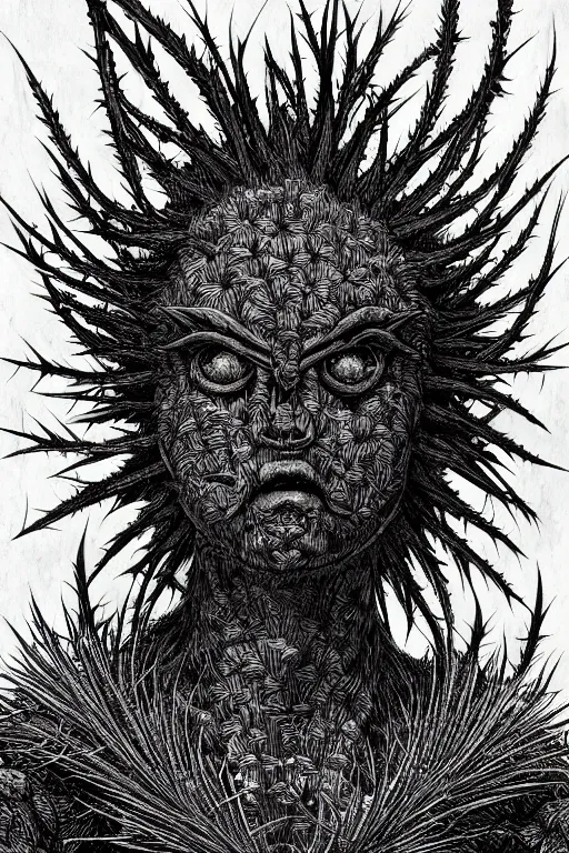 Image similar to thistle monster humanoid figure, symmetrical, highly detailed, digital art, needles, thorns, sharp focus, trending on art station, kentaro miura manga art style