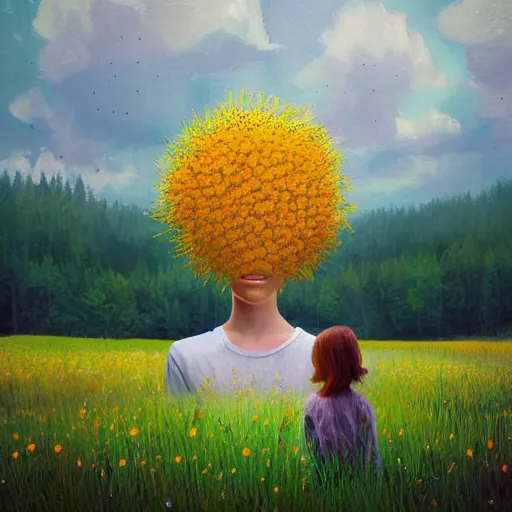 Image similar to girl with dandelion as a face, surreal photography, dream, standing in flower field, hills, big trees, sunrise dramatic light, impressionist painting, colorful clouds, digital painting, pointillism, artstation, simon stalenhag