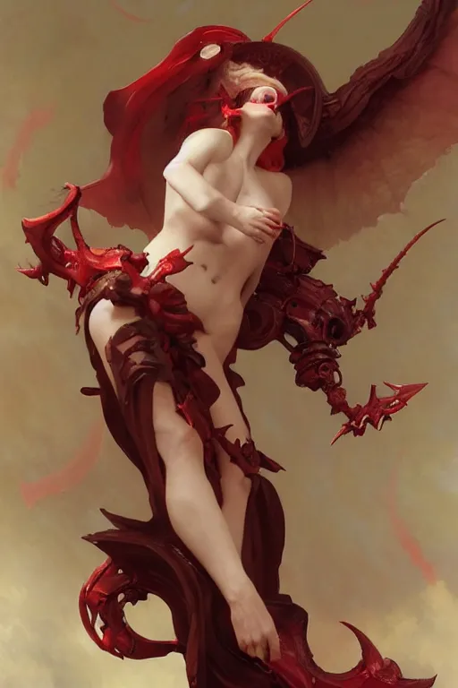 Image similar to Portrait of beautiful pale laughing succubus maiden with mechanical wings, nimbus, and devil's horns, red lighting, masterpiece 4k digital illustration by Ruan Jia and Mandy Jurgens and Artgerm and william-adolphe bouguereau, highly detailed, trending on artstation, award winning,