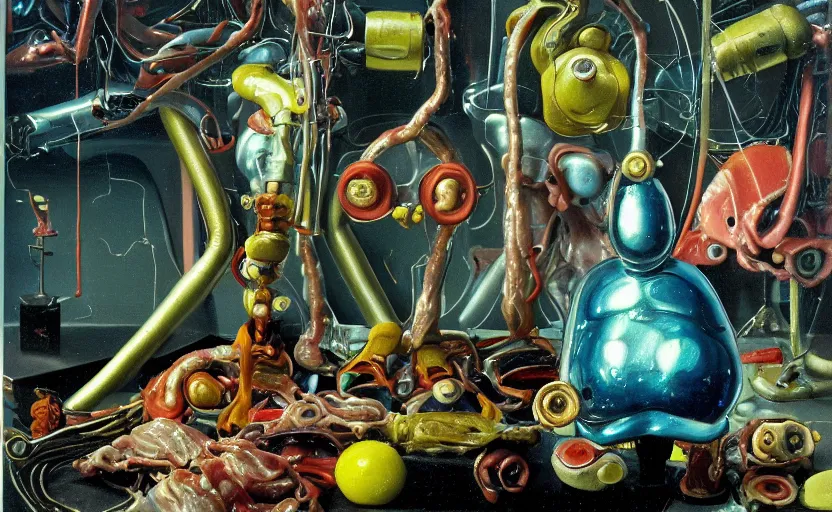 Prompt: strange futuristic robot body, disturbing colorful oil painting dutch golden age vanitas still life sparse composition with bizarre objects strange gooey transparent surfaces shiny metal reflections bizarre mutant meat insects rachel ruysch dali todd schorr very detailed perfect composition rule of thirds masterpiece canon 5 0 mm, cinematic lighting, photography, retro, film, kodachrome