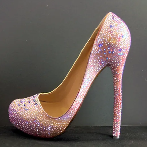 Image similar to High heels, extremely futuristic, curved shape, metallic, with sparkling gems on top, realistic, high detail, photo-realistic, shining